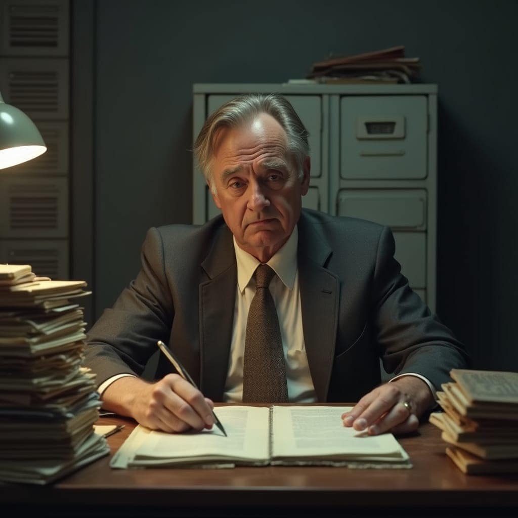 B2b Content Services: Analytische Büroarbeit im Fokus Älterer Geschäftsmann im Anzug arbeitet an B2b Content Services mit Stift und Aktenstapel an einem Schreibtisch im Büro