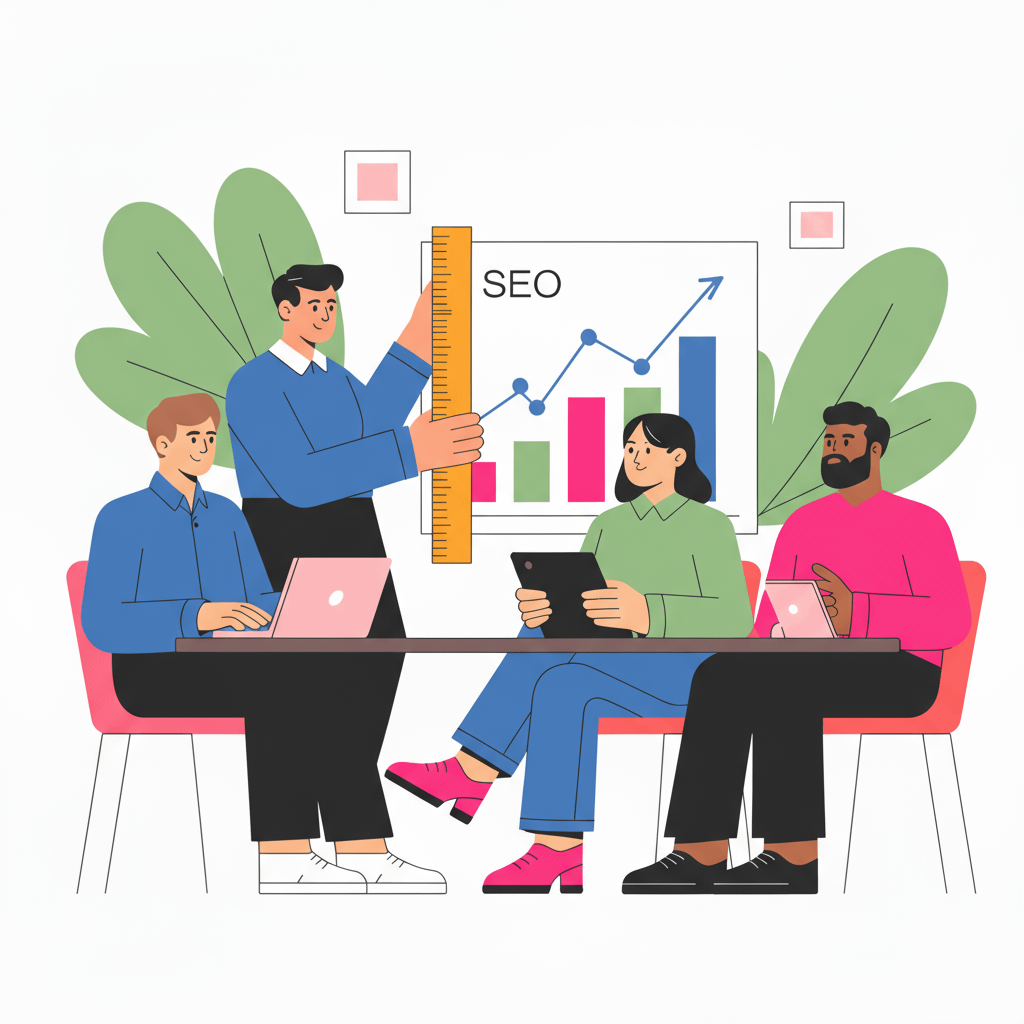 SEA & SEO-Kosten im B2B für Kleinunternehmen: Team diskutiert Analyse Teammeeting zur Analyse von SEA & SEO-Kosten im B2B für Kleinunternehmen – grafische Darstellung von Ranking- und Kostenentwicklung am Whiteboard.