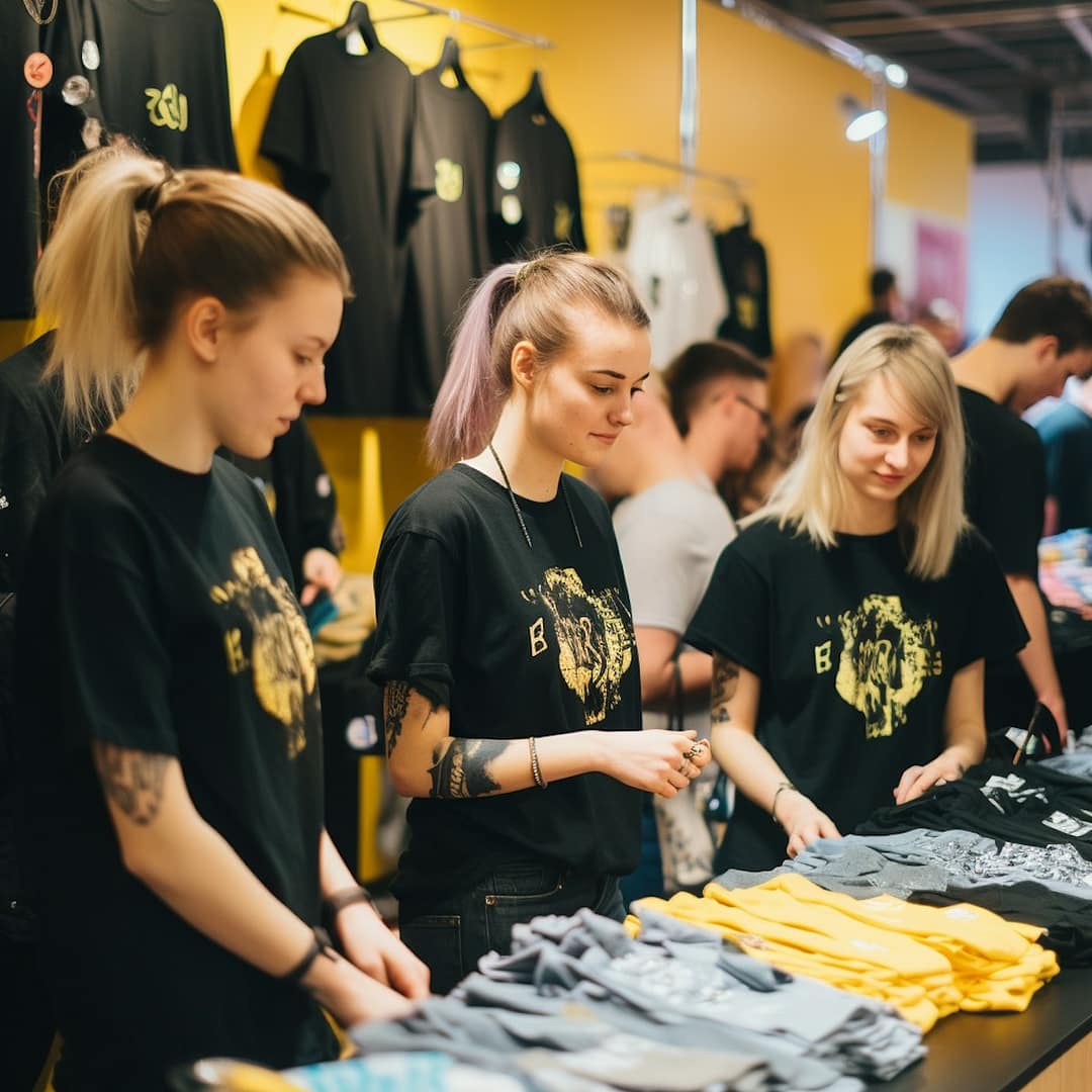 Content-Services-fuer-Unternehmen: Verkaufsunterstützung im Fokus Team bei einem Verkaufsevent präsentiert T-Shirts – Symbolbild für content-services-fuer-unternehmen, die durch kreative Inhalte und Verkaufsunterstützung kleine Unternehmen stärken.