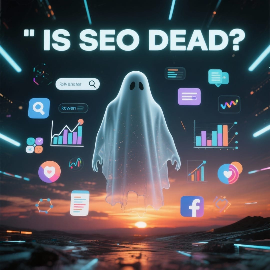 Ist SEO tot? Digitale Trends und Zukunft der Suchmaschinenoptimierung 2025 Ghost mit Statistiksymbolen und Trendgrafiken zum Thema 'is SEO dead' vor Sonnenuntergang