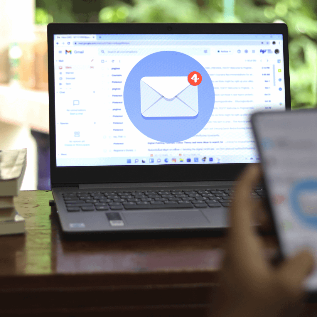 E-Mail Marketing für Selbständige: Laptop mit Gmail-Postfach und vier neuen Nachrichten