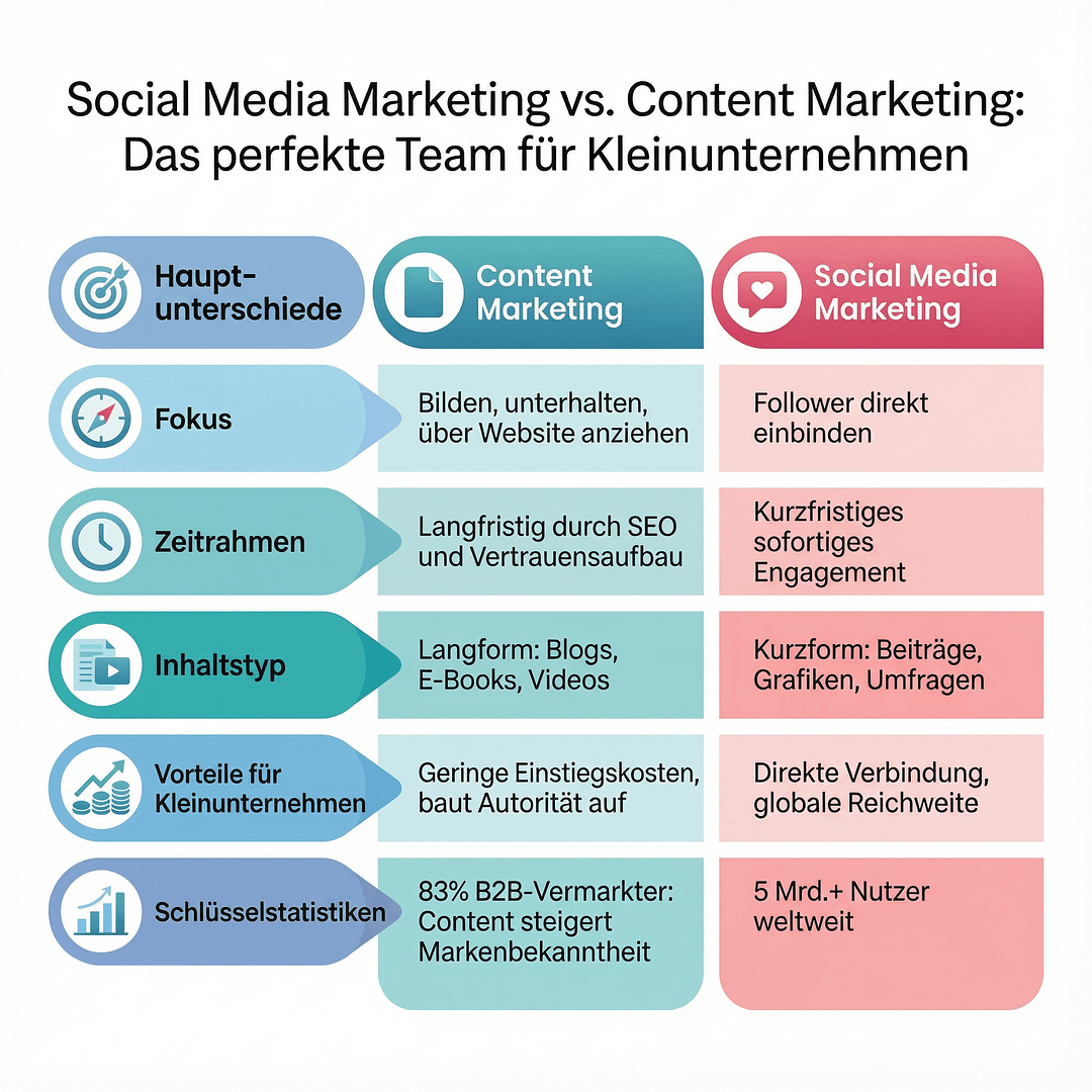 nfografik: Social Media Marketing vs. Content Marketing mit<br />
Fokus, Zeitraum, Inhaltstyp und Vorteilen für Kleinunternehmen im<br />
Vergleich