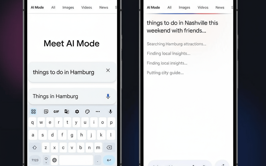 Zwei Smartphones mit Google-Suche zeigen AI Mode und wie AI Mode Veränderungen für Kleinunternehmen bei lokalen Suchanfragen bringt