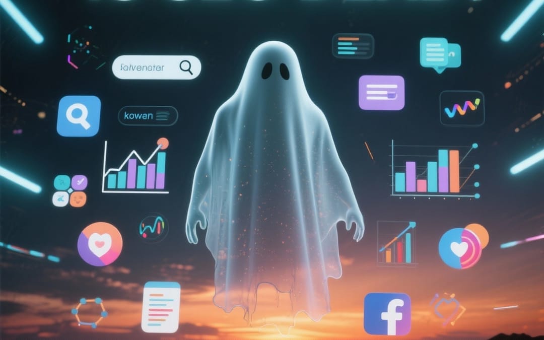 Ghost mit Statistiksymbolen und Trendgrafiken zum Thema 'is SEO dead' vor Sonnenuntergang