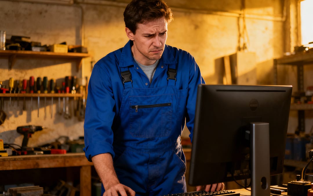 Handwerker in Werkstatt arbeitet am Computer – Handwerker Websites oft fehlerhaft