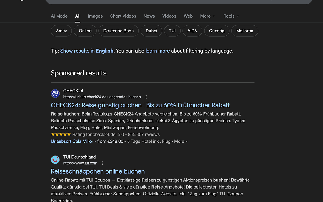 Google Ads Anzeigen für Reisebuchungen mit CHECK24 und TUI in den Suchergebnissen