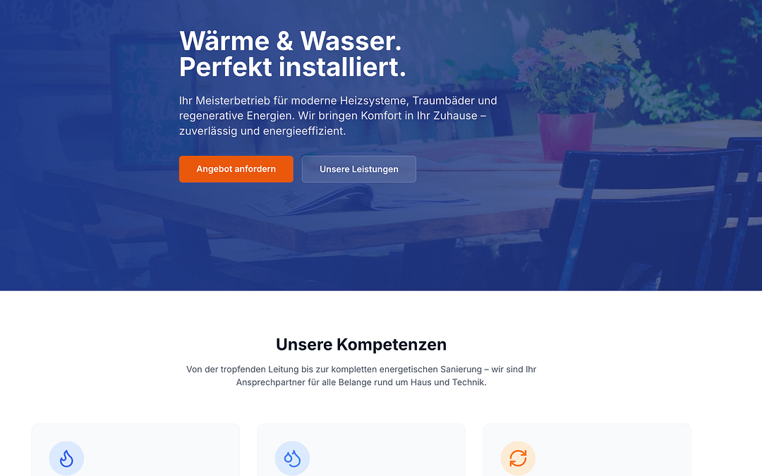 Webdesign für Sanitär- und Heizungsunternehmen: Modern gestaltete Startseite mit Service-Kompetenzen für Heizung, Sanitär und Wartung