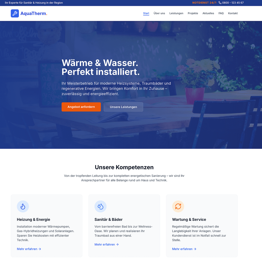 image2png Webdesign für Sanitär- und Heizungsunternehmen: Modern gestaltete Startseite mit Service-Kompetenzen für Heizung, Sanitär und Wartung