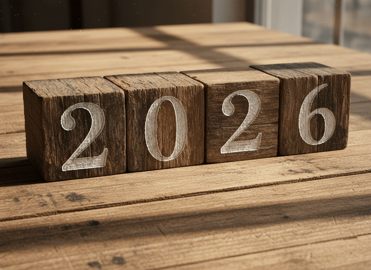 Holzklötze mit der Jahreszahl 2026, symbolisieren Trends B2B 2026 auf einem Holztisch.