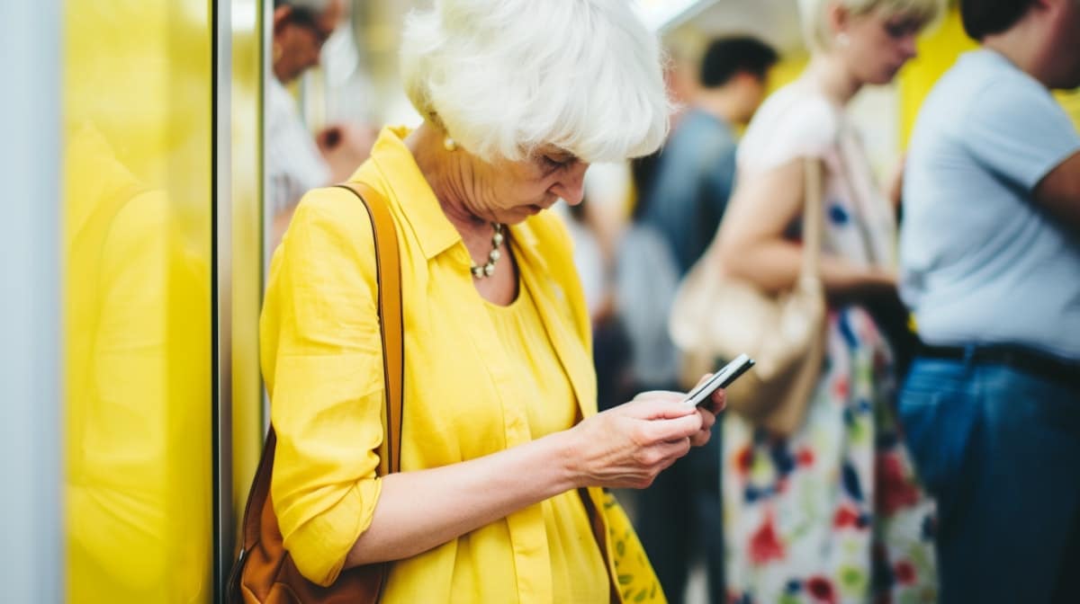 Modern Matriarch in Yellow with mobile phone