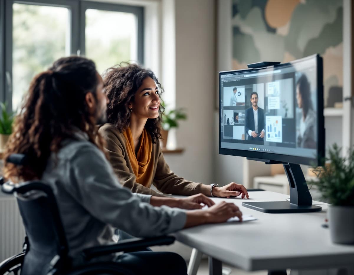 Video Conference in Modern Office man in wheelchair
