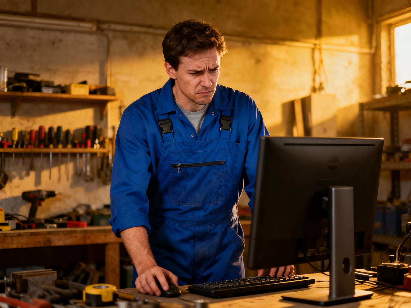 Handwerker arbeitet digital: Fehlerhafte Websites sind häufig Handwerker in Werkstatt arbeitet am Computer – Handwerker Websites oft fehlerhaft