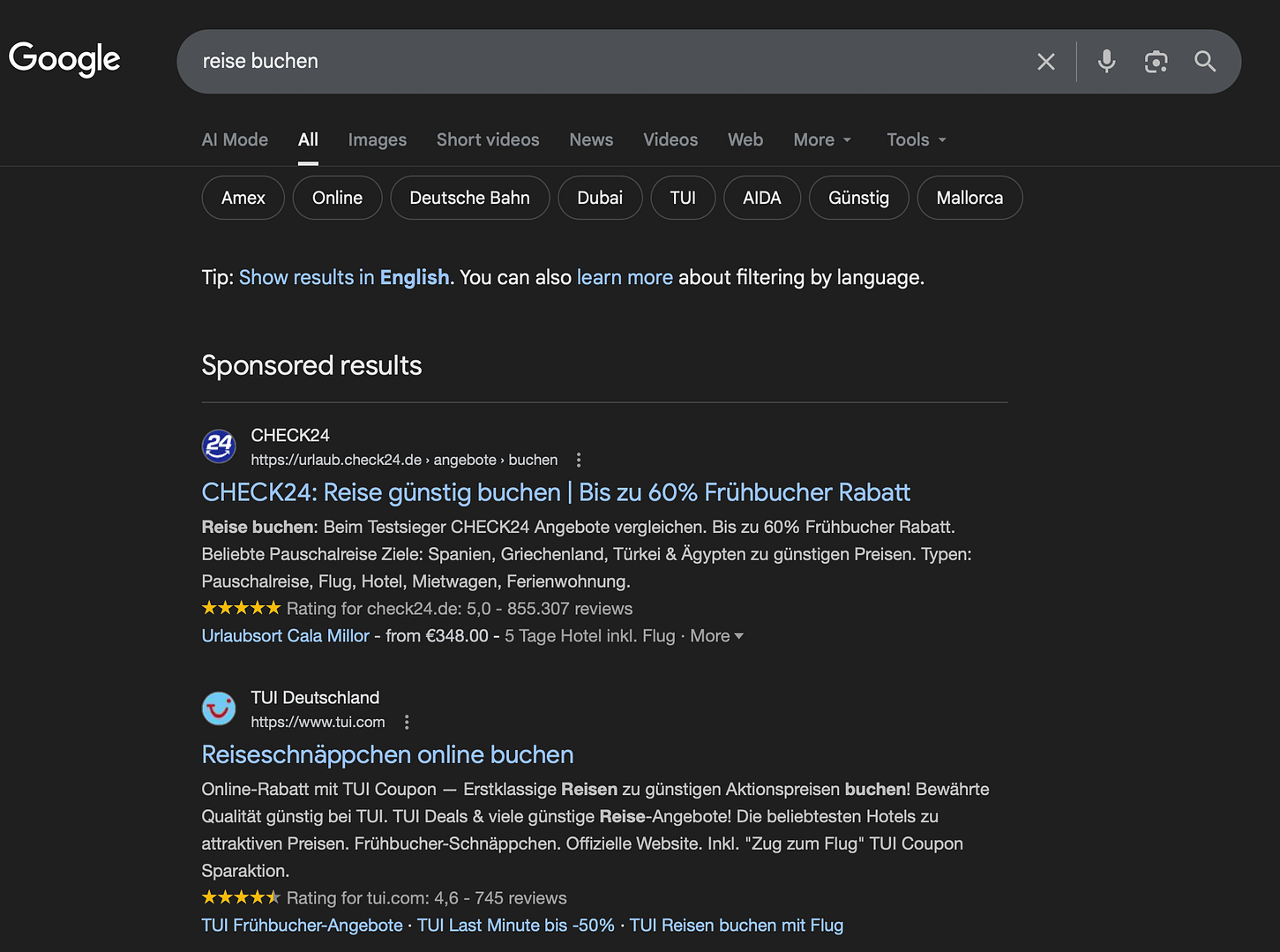 Google Ads Anzeigen für Reisebuchungen mit CHECK24 und TUI in den Suchergebnissen