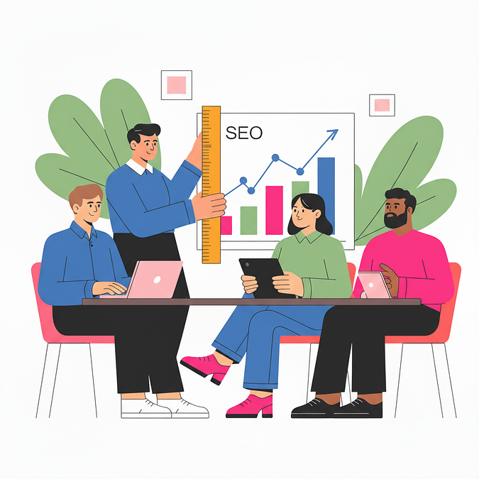 Teammeeting zur Analyse von SEA & SEO-Kosten im B2B für Kleinunternehmen – grafische Darstellung von Ranking- und Kostenentwicklung am Whiteboard.