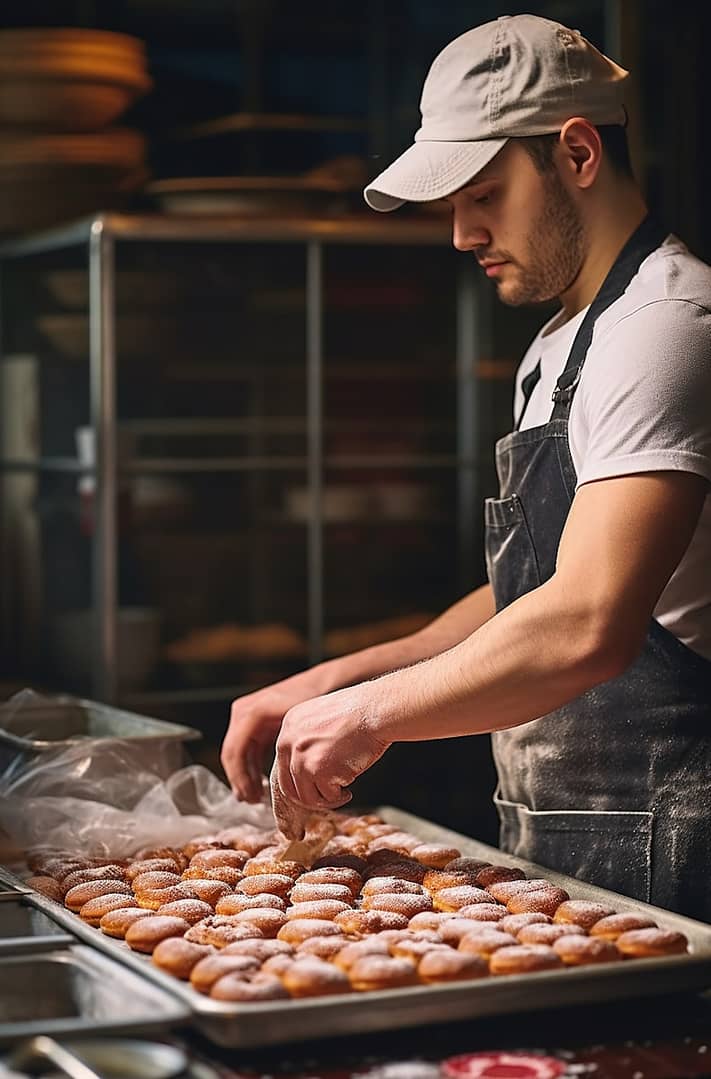 Bäcker bestreut frische Berliner mit Puderzucker in einer Backstube, Beispiel für Mitarbeitergewinnung Erfolg B2B