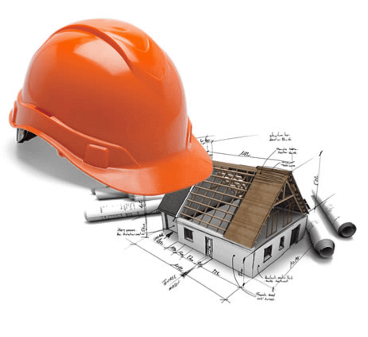 achdecker Online erfolgreich – orangefarbener Schutzhelm auf Architekturzeichnung eines Daches als Symbol für Transparenz, Qualität und Expertenwissen im Dachdeckerhandwerk