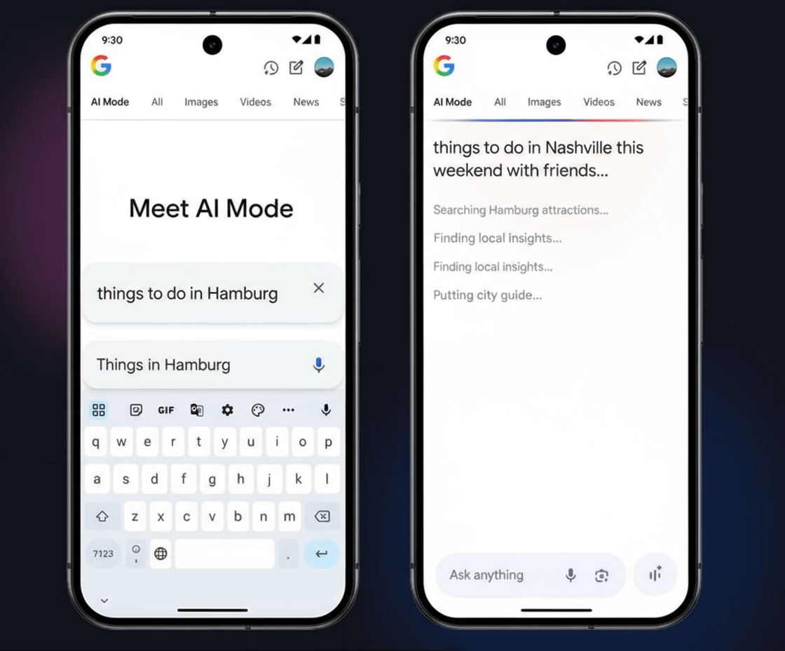 Zwei Smartphones mit Google-Suche zeigen AI Mode und wie AI Mode Veränderungen für Kleinunternehmen bei lokalen Suchanfragen bringt