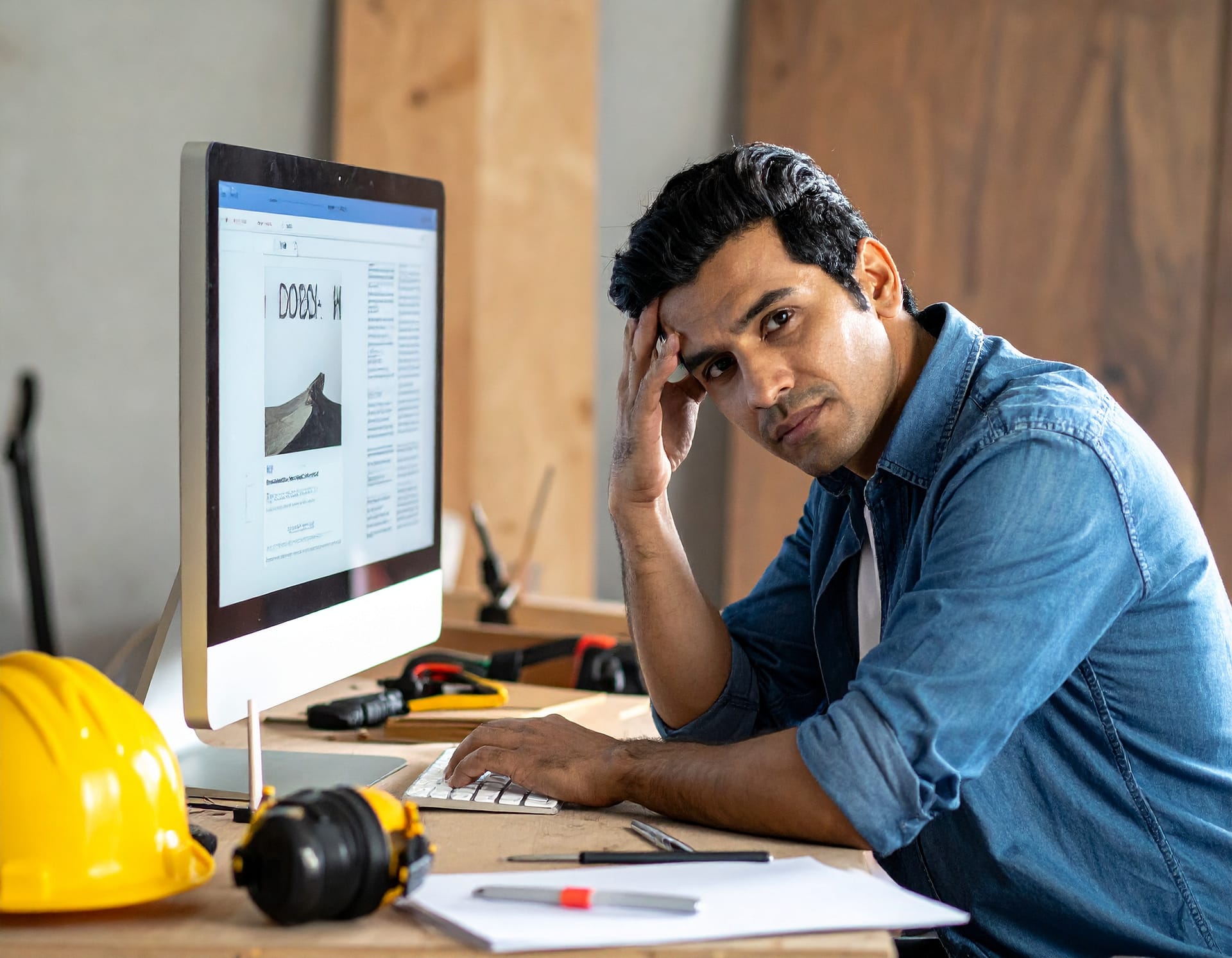 Handwerker vor Computer zeigt Herausforderungen Webdesign für Kleinunternehmen - frustrierter Mann bei Website-Entwicklung mit Bauhelm auf Schreibtisch